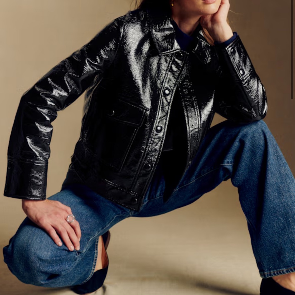 Sezane Shiny Black Vinyl Jacket